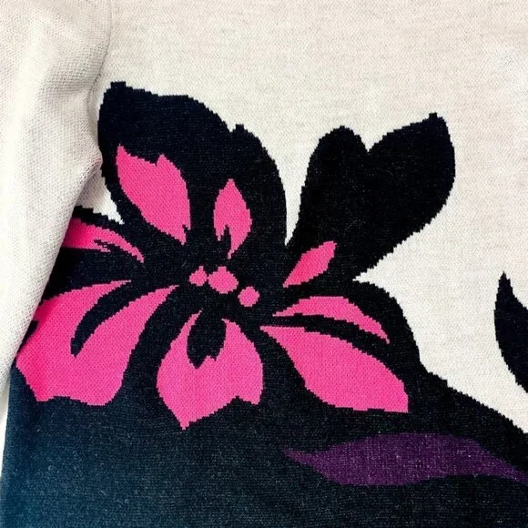 Ann Taylor Sweater Knit Floral Wool Bell Sleeve Black Barbie Pink Medium Grey - Picture 4 of 8